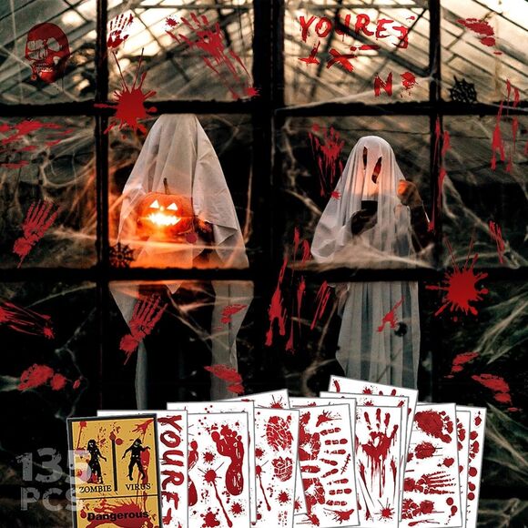 Zombie Bloody Mess Cling Set Handprint Footprint Splats 14-Sheets 135-Pieces - Picture 1 of 7